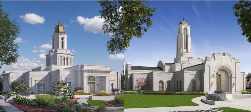 Renderings of the Knoxville Tennessee Temple, left, and Modesto California Temple.