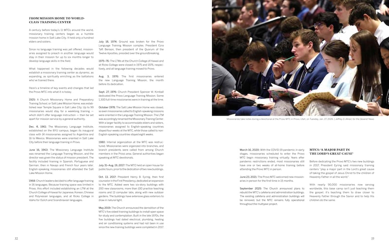 As páginas 32-33 da revista Trabalho Missionário em A Igreja de Jesus Cristo dos Santos dos Últimos Dias publicada em setembro de 2026 incluem um artigo sobre o histórico do Centro de Treinamento Missionário de Provo.