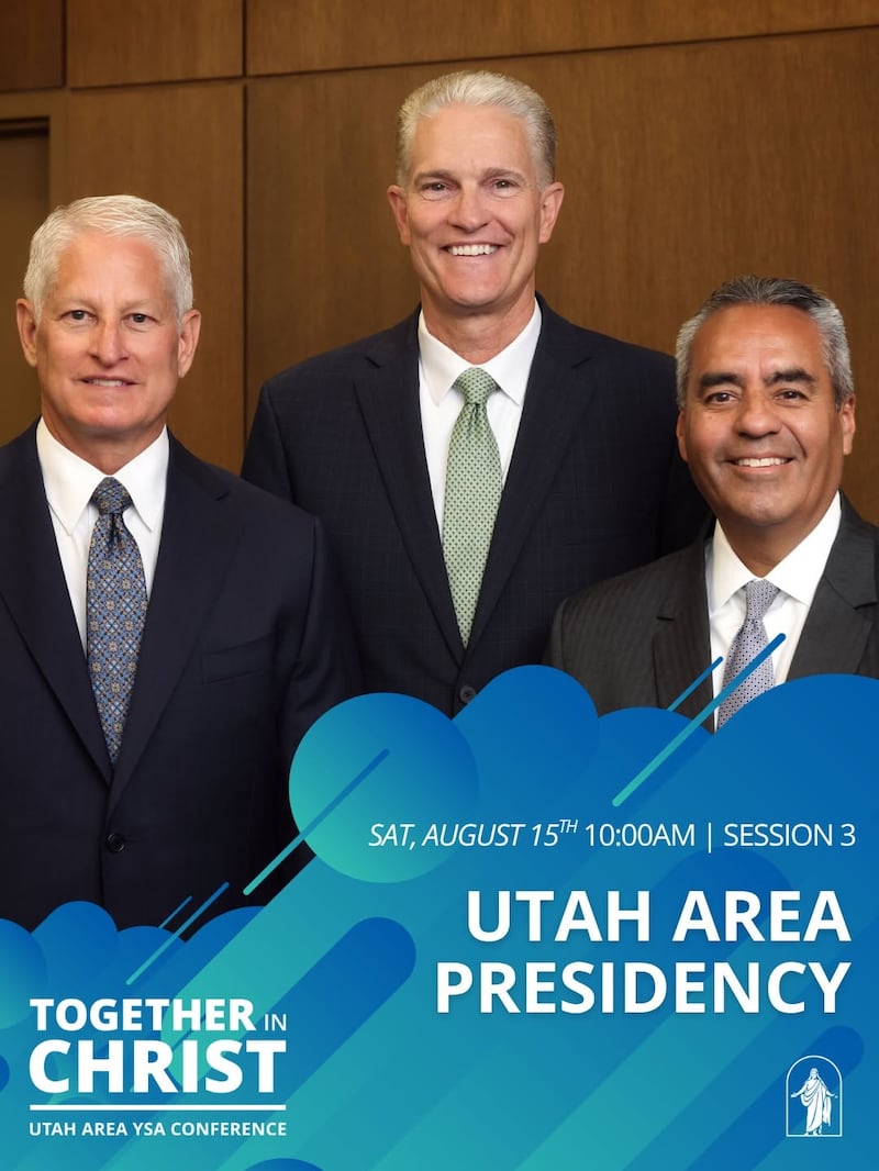 Membros da presidência da Área de Utah — Élder Brian K. Taylor, centro; Élder John A. McCune, esquerda; e Élder Jorge T. Becerra, direita — são anunciados como palestrantes principais da Conferência YSA da Área de Utah de 2026 em uma postagem de mídia social de 24 de julho.