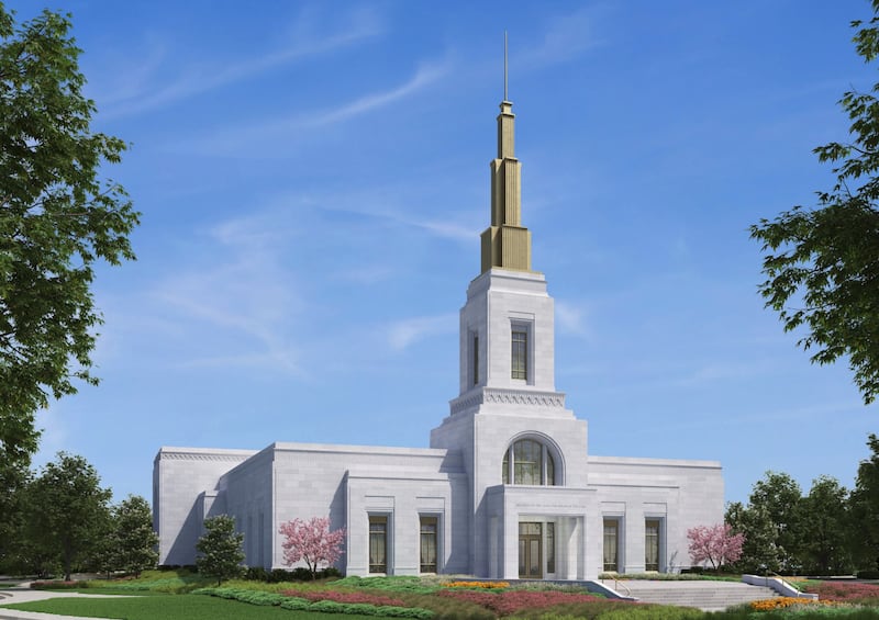 Uma ilustração do exterior do Templo de Colorado Springs, Colorado, um edifício de um andar com uma torre central e agulha.