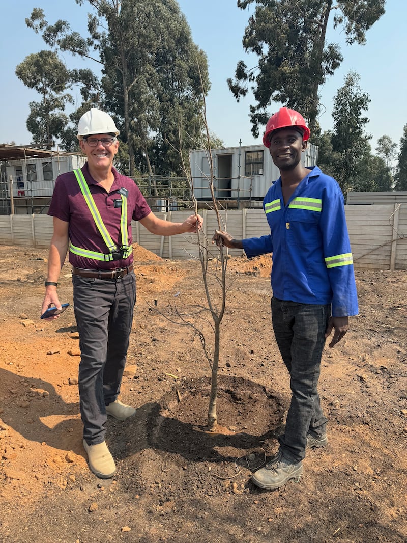 Elder Bruce Anderson e Kilford Shereni estão ao lado de uma árvore jovem nos terrenos do Templo de Harare, Zimbábue.