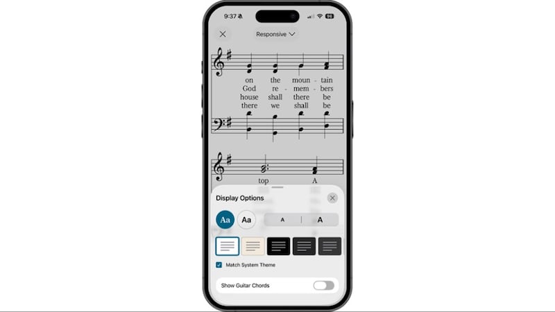 Imagem da opção de notação de acordes de guitarra no aplicativo Gospel Library